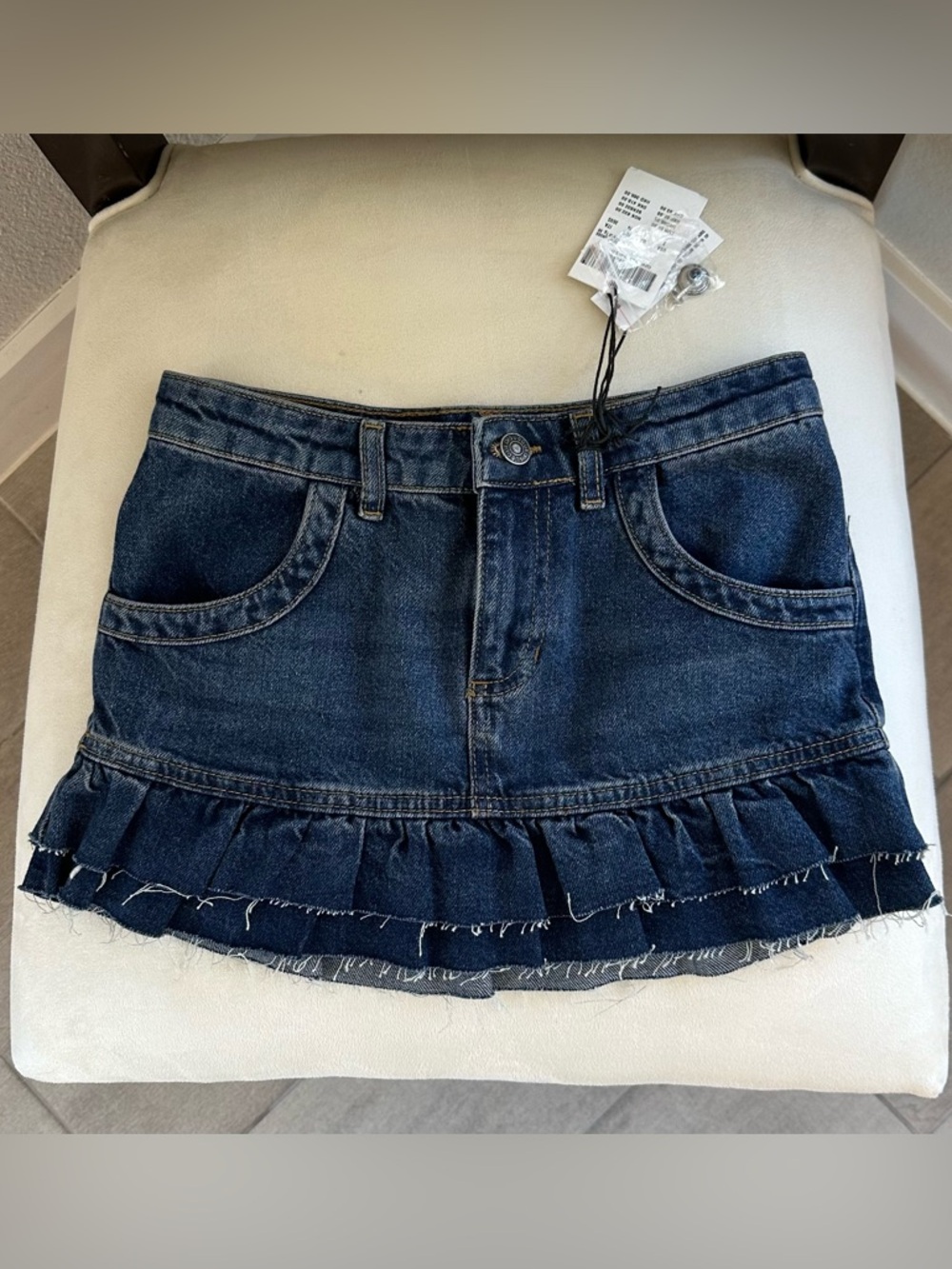 Subdued Dark Blue Ruffle Denim Mini Skirt - Picture 2 of 8
